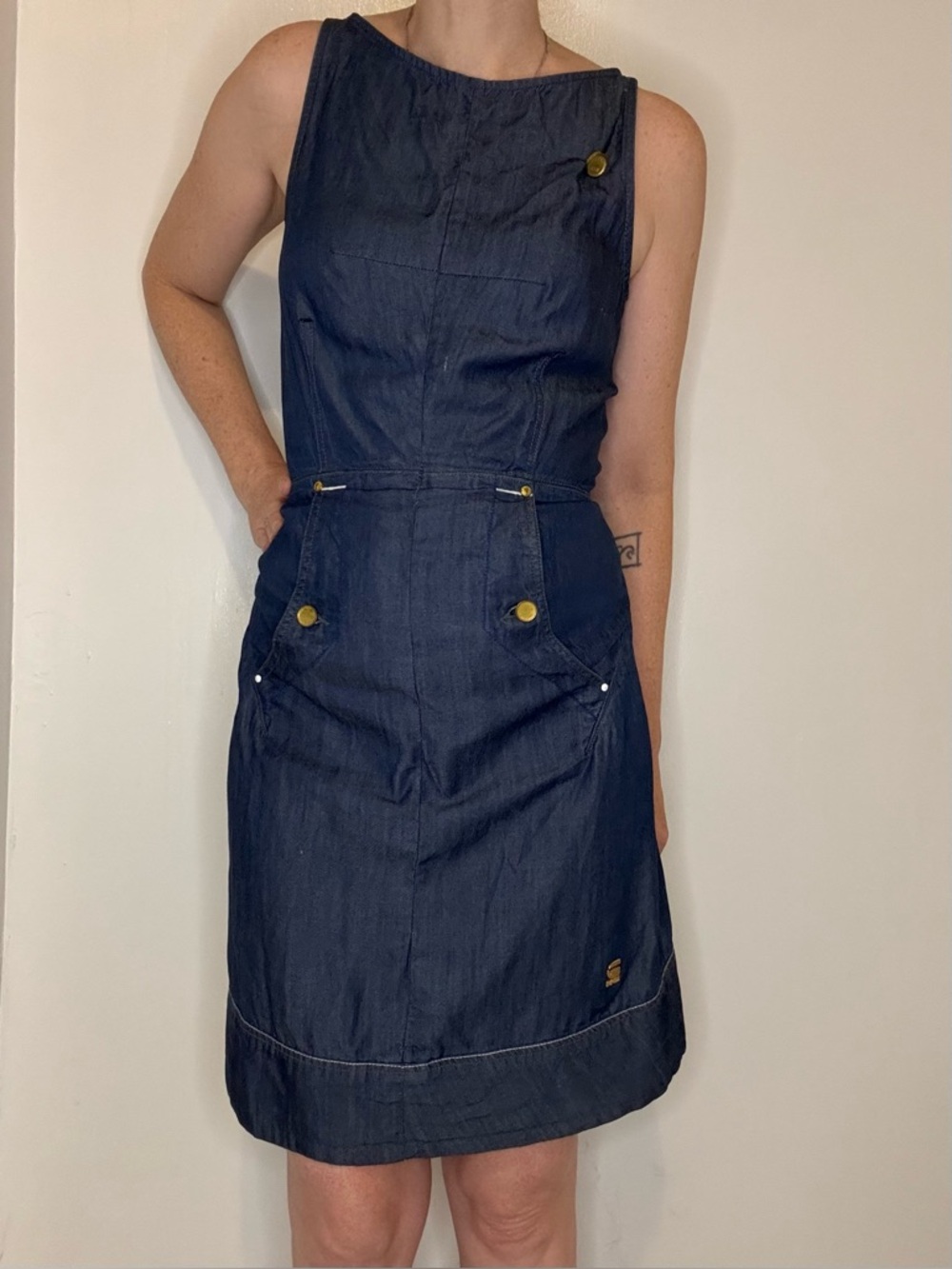 G-Star RAW Dark Blue Denim Jumper Dress with Brass Button Detail